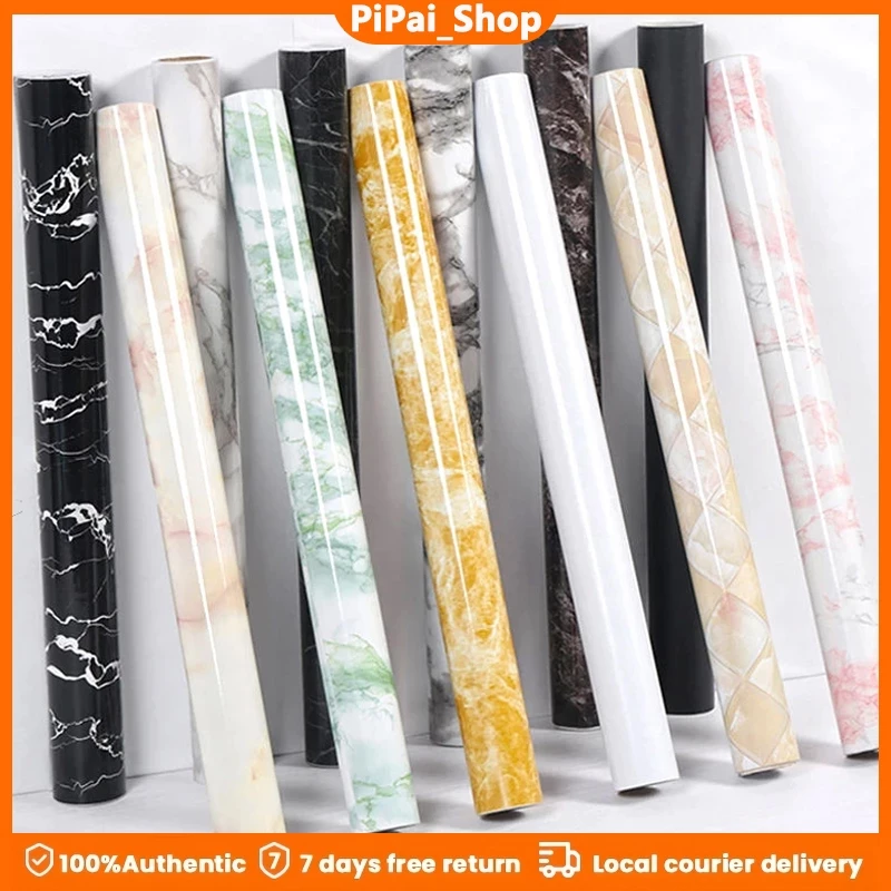 60X500ซม. กระดาษวอลเปเปอร์ลายหินอ่อน สติ๊กเกอร์ติดผนังกันน้ำกันน้ำมัน สติ๊กเกอร์ติดผนัง PVC มีกาว ตกแต่งบ้าน