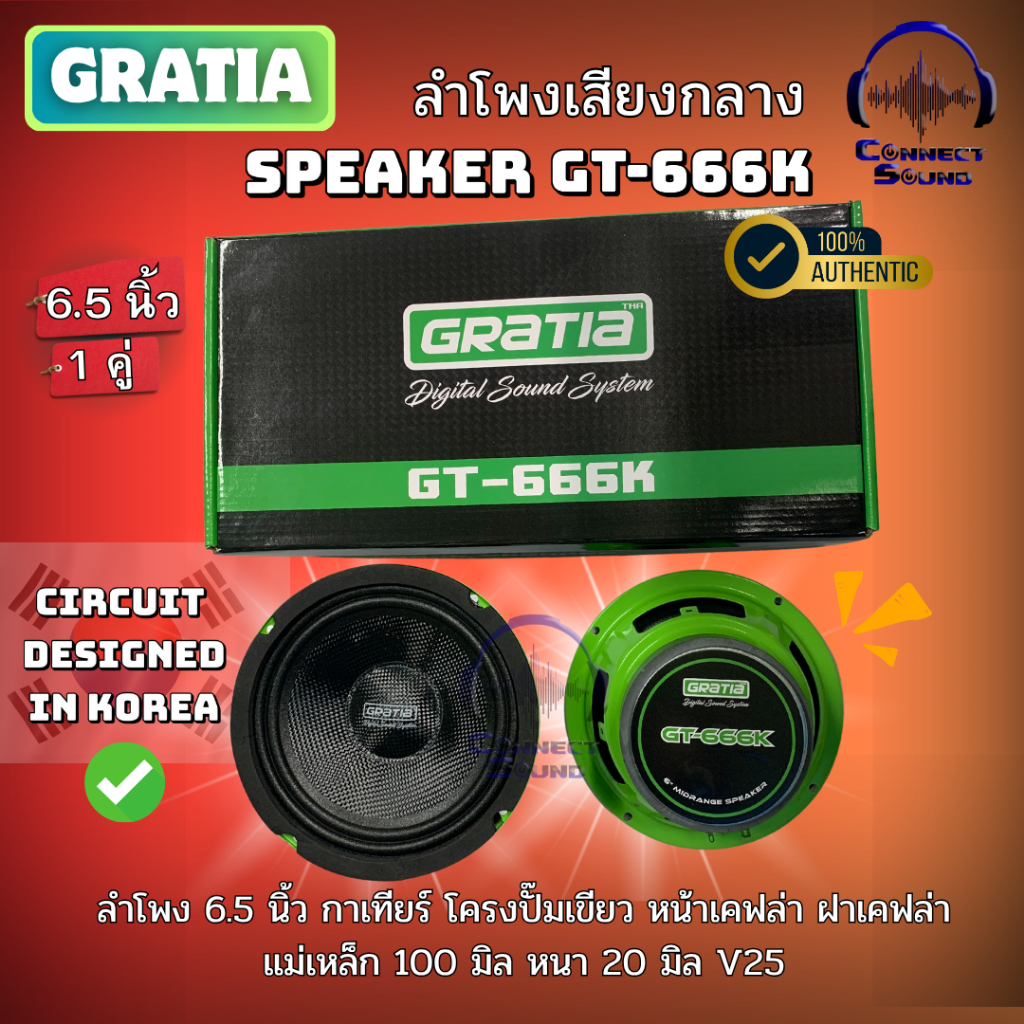 GRATIA รุ่นGT-666K ลำโพงเสียงกลาง6.5นิ้ว หน้าเคฟล่า แม่เหล็ก100 หนา 20มิล ว๊อยซ์25 600วัตต์