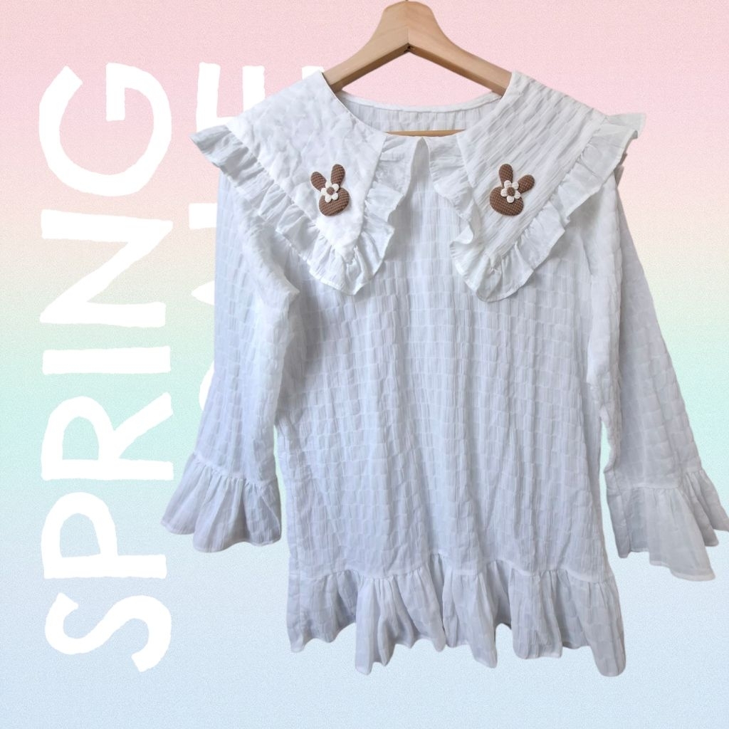 F939เสื้อคอบัวใหญ่เสื้อตัวยาวปกแต่งระบายผ้าย่นรอบ