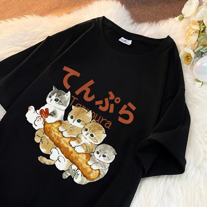 ฤดูร้อนใหม่ เสื้อยืดคอกลมแขนสั้น วินเทจ ลายแมวน่ารัก ผ้านิ่มใส่สบาย ผ้าใส่สบาย เสื้อยืดผู้หญิงน่ารักๆ