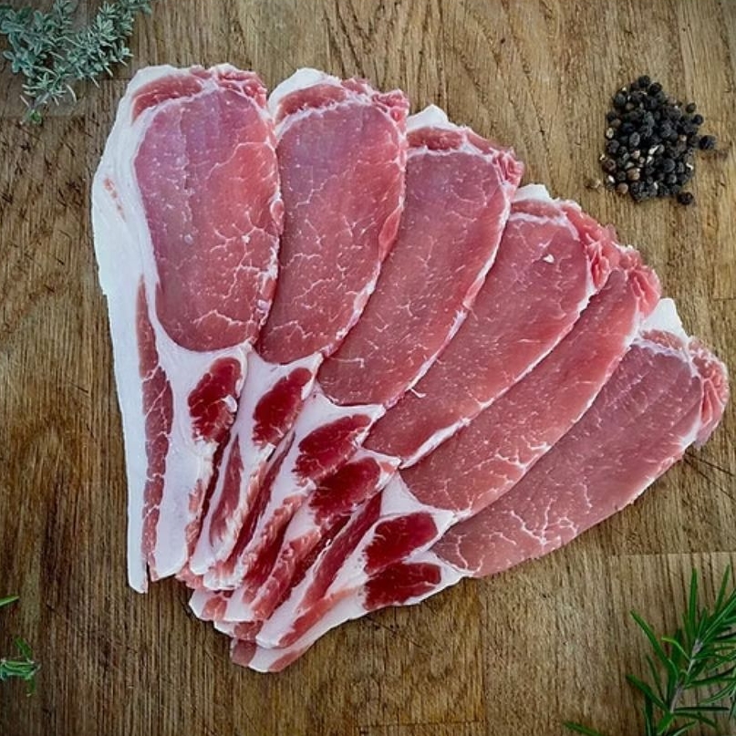 Premium English Back Bacon Slice 500g - โฮมเมด พรีเมี่ยม เบคอนส่วนสันนอก แบ็คเบคอนสไลด์หนา ขนาด 500กรัม.
