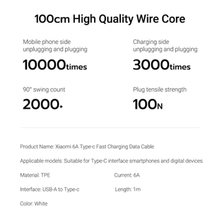 Xiaomi Type-C Charger Cable สายชาร์จข้อมูลเร็ว 6A Type-C กำลังไฟสูง 100 ซม. ถ่ายโอนข้อมูลเร็ว