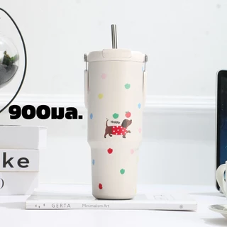 แก้วเก็บความร้อนพกพาสแตนเลส 304 ขนาด 900 มล. ขวดน้ำสแตนเลส 304 ลายการ์ตูนสัตว์ รุ่นอัพเกรดป้องกันฝุ่นและความจุขนาดใหญ่