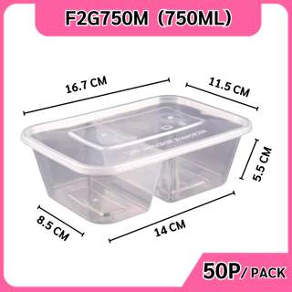 (50ชุด/แพ็ค) กล่องพลาสติกใส่อาหาร 2 ช่องพร้อมฝา วัสดุPP Food Grade เข้าไมโครเวฟได้ รุ่น F2G สีใส ขนาด500,650,750,1000ML
