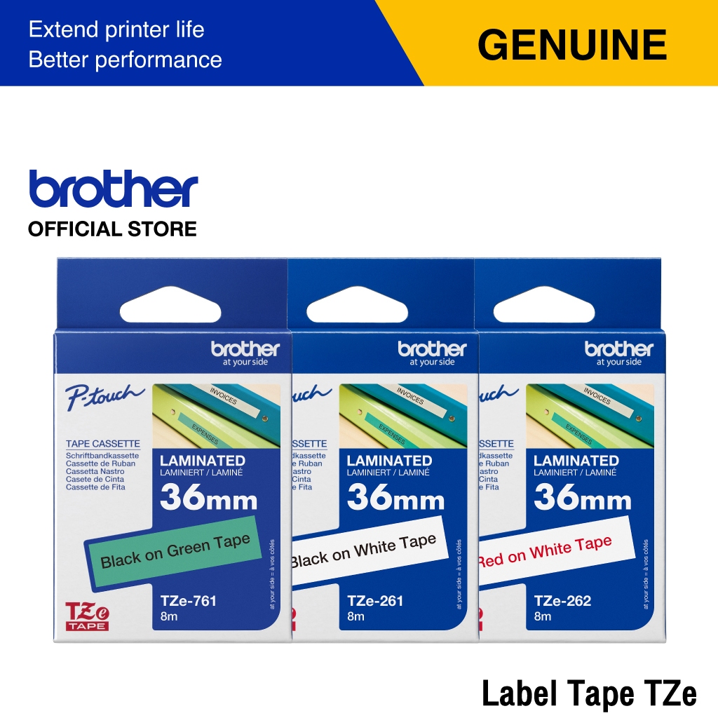 Brother Label Tape TZE เทปพิมพ์อักษร เคลือบพลาสติก เคลือบลามิเนต ขนาด 36 มม. | เทปแท้ กันน้ำ ทนสารเคมี ทนอุณหภูมิ รอยขีด