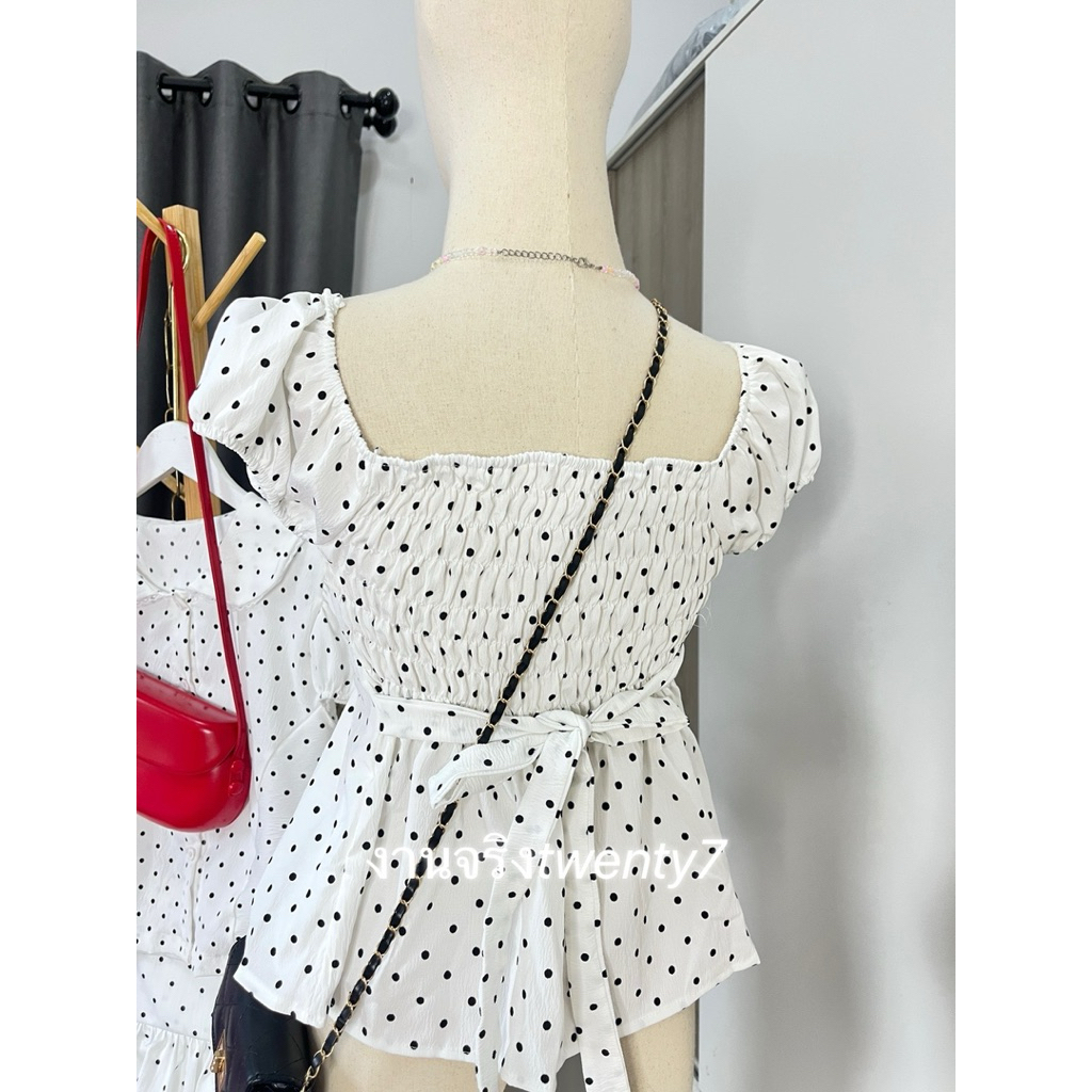 พร้อมส่ง เสื้อครอปแขนตุ๊กตาลายจุด🐠 เสื้อลายจุดน่ารัก เสื้อแขนจั้ม polkadot🌤️ - รูปที่ 3