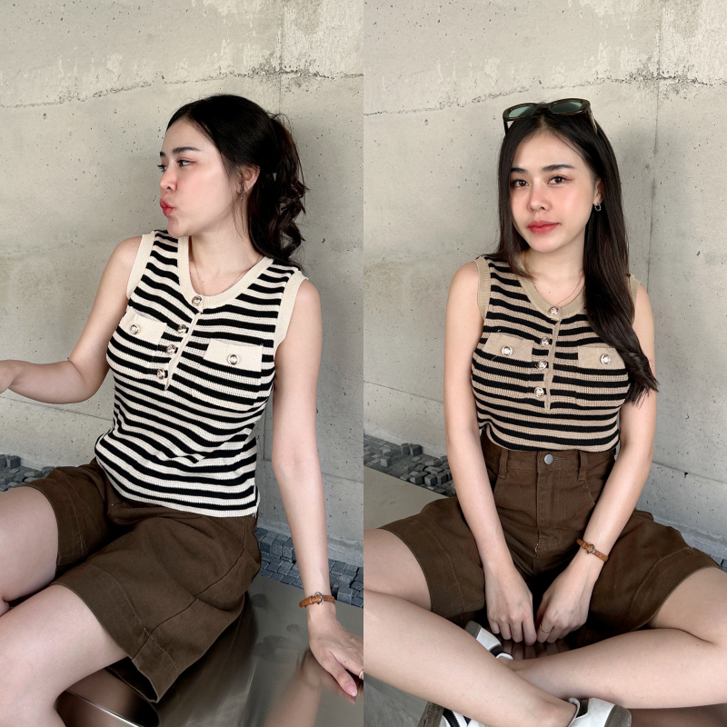 🌈SpinnyHouse🌈เสื้อแขนกุุด แต่งกระดุมผ่าหน้า ผ้าไหมพรมถักทอลายคาดเส้น เนื้อผ้านุ่มยืด ใส่สบาย สาวอวบใส่ได้ รุ่น แฟลชเซล