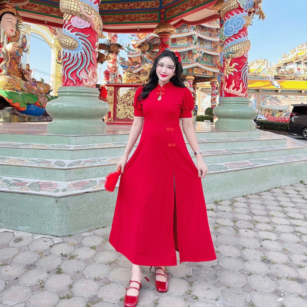 เดรสกี่เพ้าผ้าวูลเวฟอกทรงหยดน้ำผ่าหน้าแต่งกี่เพ้าซิปหลัง A5559