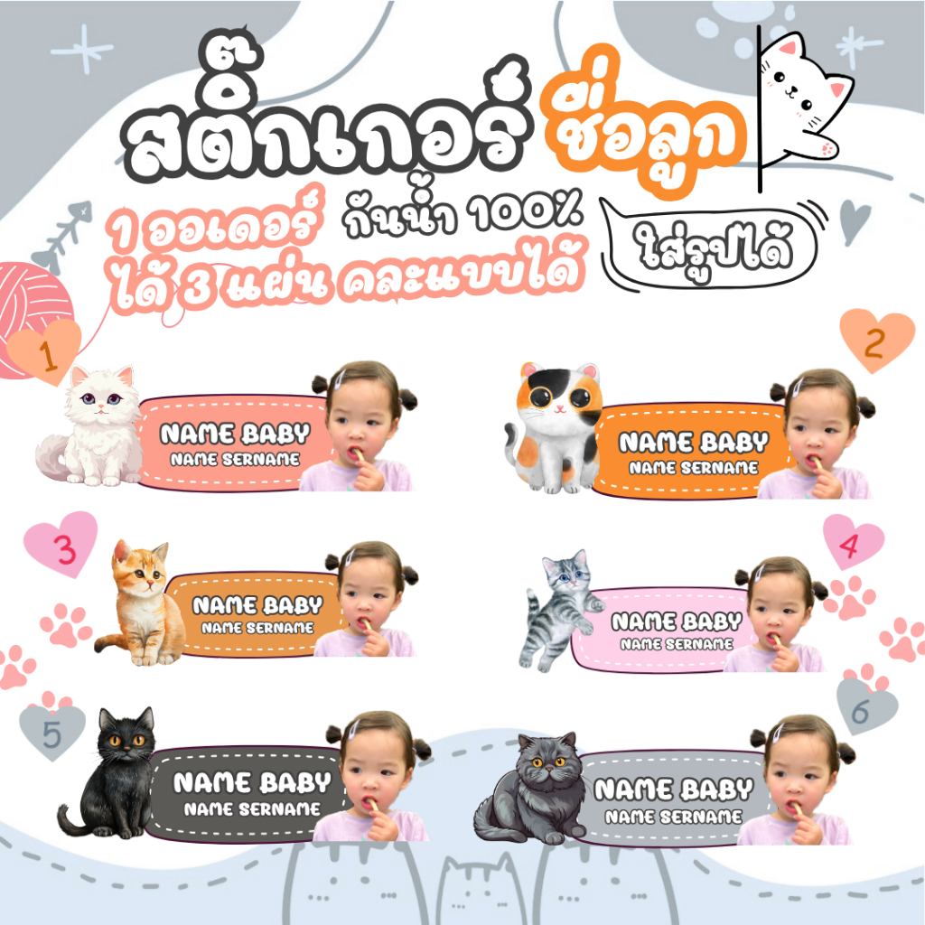 สติ๊กเกอร์ชื่อ ธีมน้องเหมียว แบบกันน้ำ  1ออเดอร์ได้ 3 แผ่น  ได้ทั้งหมด 300+ ดวง