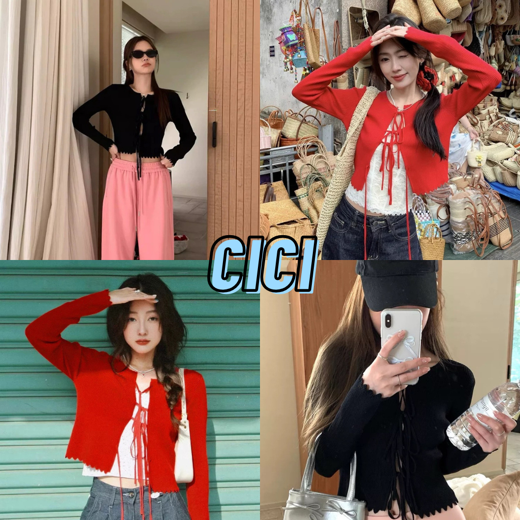 ส่งทันที Cici(NO. A2779) เสื้อไหมพรมแขนยาว ดีเทลเชือกผูกด้านหน้า ผ้ายืด สไตล์สาวเผ็ชเปรี้ยว