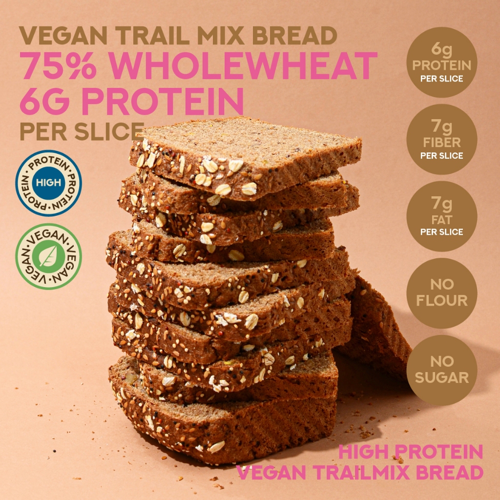 ขนมปังวีแกน 75% โฮลวีท 6 กรัมโปรตีน ต่อแผ่น  (75% WHOLE WHEAT VEGAN 6 Protein Trialmix bread )