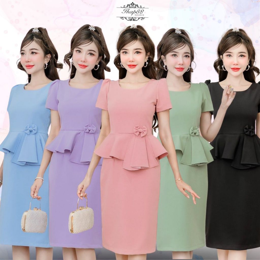 TG56 ชุดเดรสออกงาน ทำงาน สีพื้น สวยแพทเทริน์เป๊ะ ยาว 39 นิ้ว พร้อมส่ง มีปลายทาง ihap88