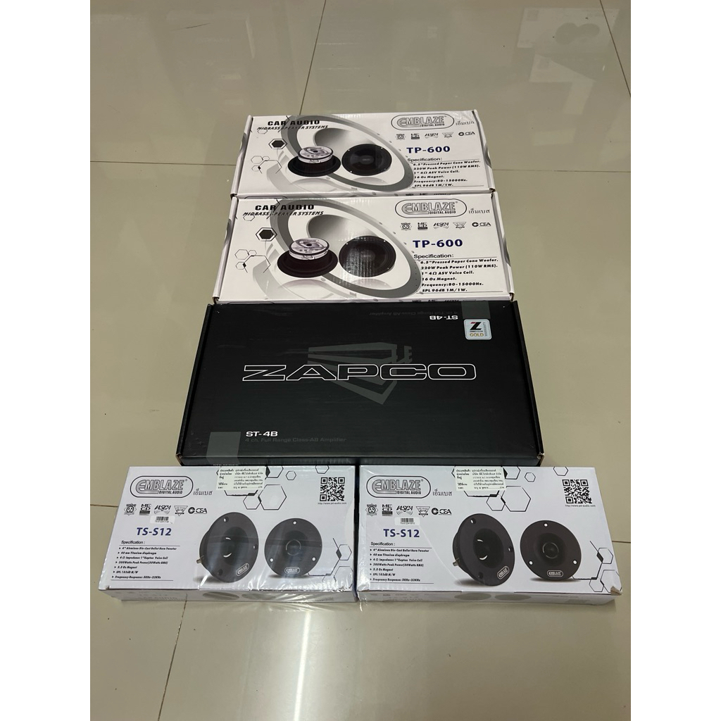 ซื้อ6.5“ 2คู่แหลม2คู่ ยี่ห้อ EMBLAZE 1ชุด ราคา 6990บาท แถมฟรี 4Ch ClassAB ZAPCO 1ตัว ลำโพงติดรถยนต์