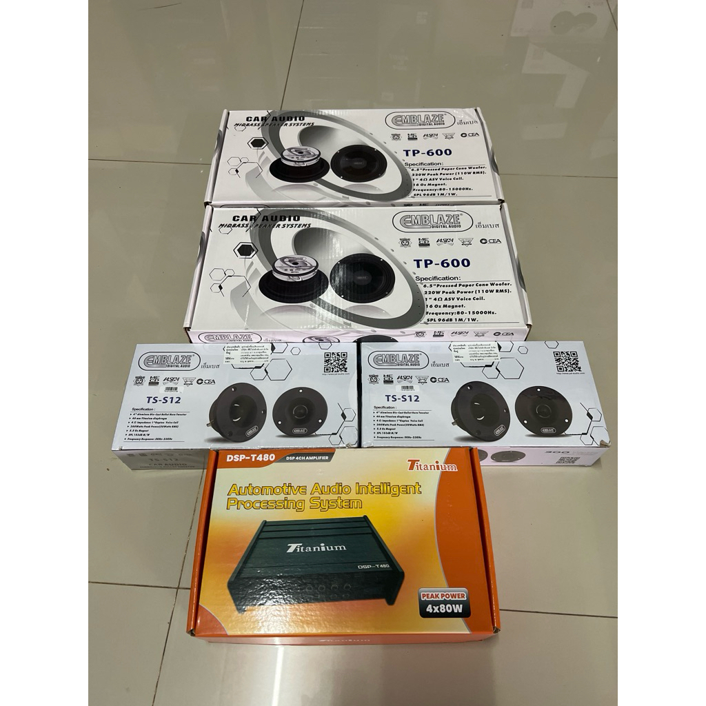 ซื้อ6.5“ 2คู่แหลม2คู่ ยี่ห้อ EMBLAZE 1ชุด ราคา 6590บาท แถมฟรี DSP 80x4Ch  1ตัว ลำโพงติดรถยนต์