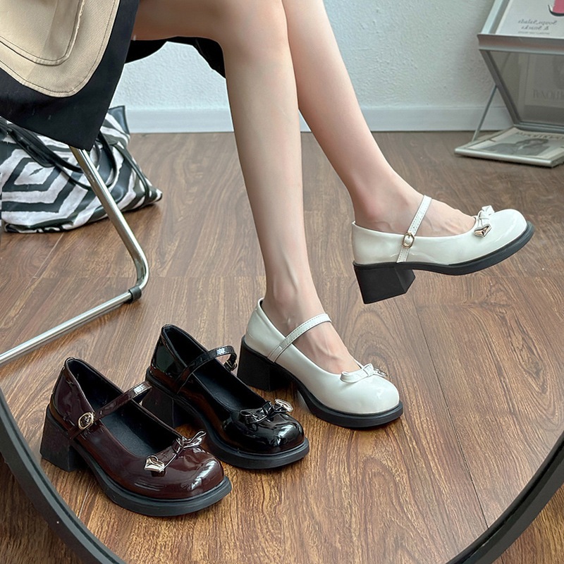 รองเท้าแมรี่เจนแฟชั่นสไตล์ญี่ปุ่น รองเท้าหนังส้นหนาของผู้หญิง ตกแต่งโบว์ หัวกลม สไตล์ย้อนยุค - รูปที่ 7