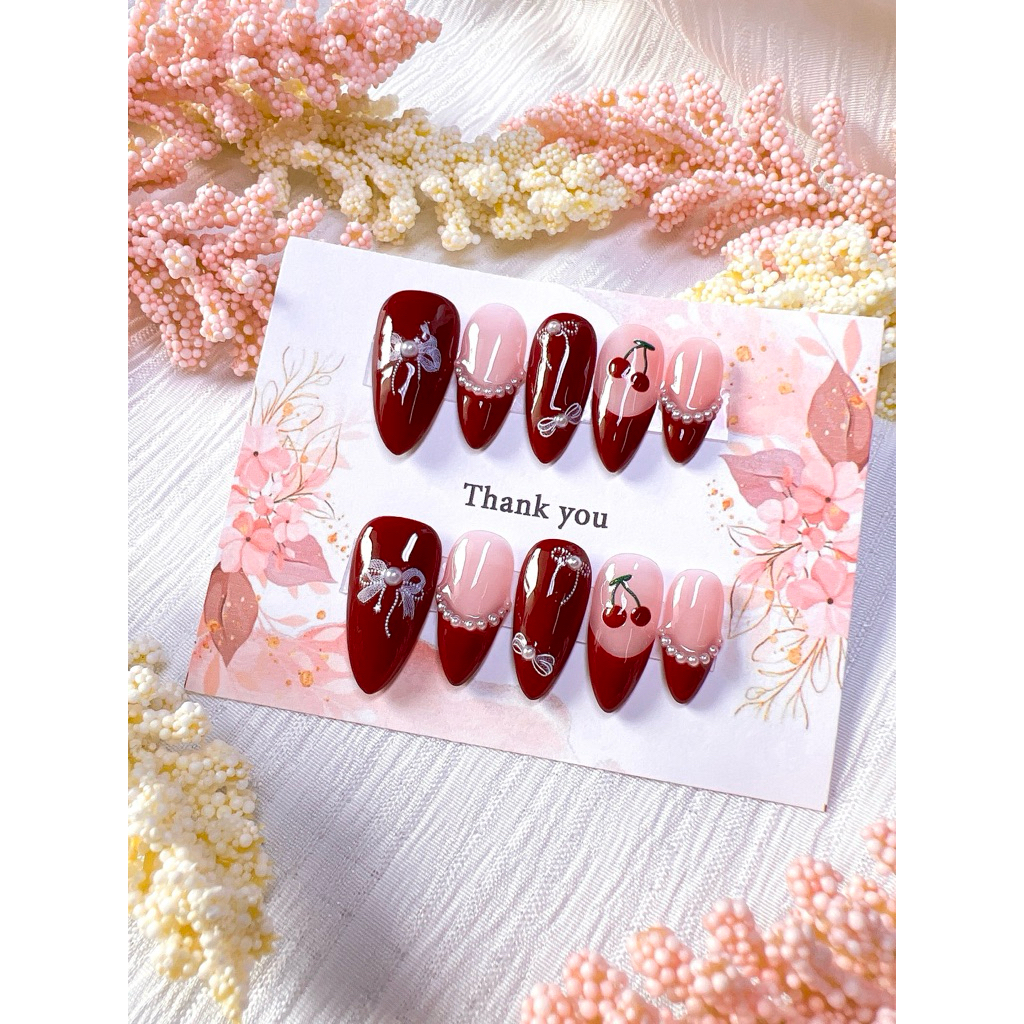 💞Alodie💕เล็บปลอมสีเจลแท้🍒งาน Handmade💅แถมฟรีชุดอุปกรณ์ติด