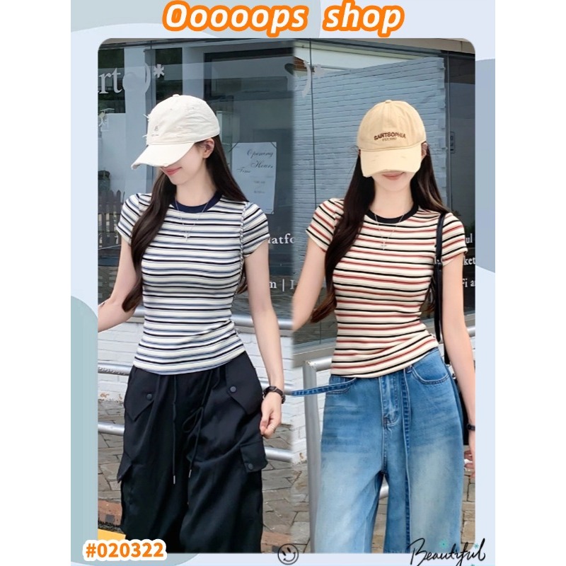 เสื้อยืดเเขนสั้น เสื้อยืดลายทาง งานกุ๊นคอ ลายวินเทจ เรียบง่าย #020322