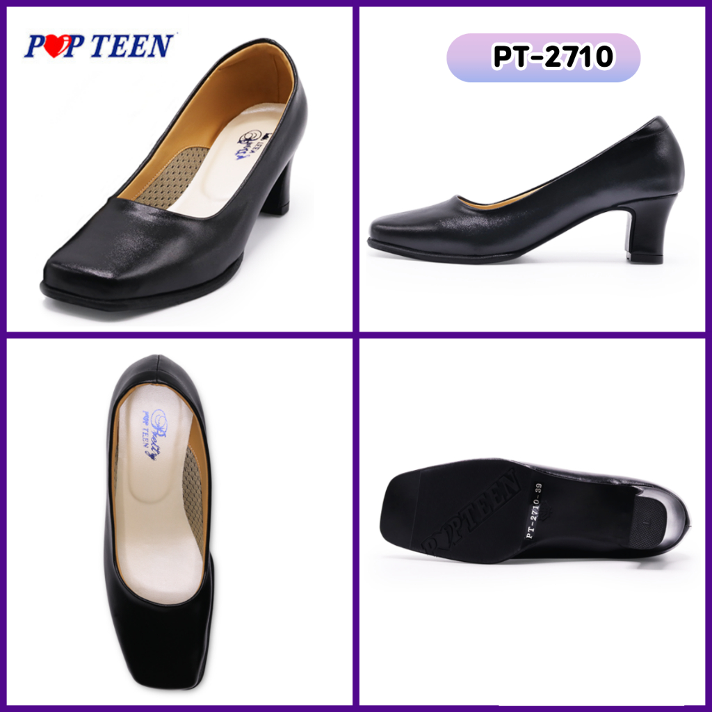 Pretty Popteen รองเท้าคัทชู หัวตัด ส้นเตี้ย 1 นิ้ว สีดำ รุ่น PT-2415 ไซซ์ 35-42