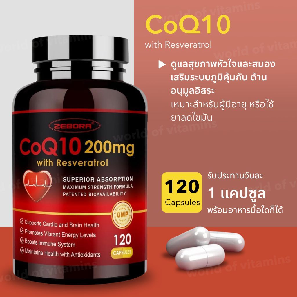 ZEBORA CoQ10 200mg + Resveratrol + PQQ + Vit E ,120 แคปซูล (Sku.2592)