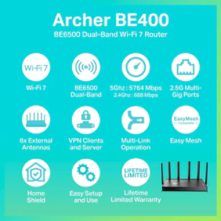 TP-Link Archer BE400 BE6500 Dual-Band WiFi7 RouterรองรับEasyMesh ของแท้รับประกัน LifeTime synnex