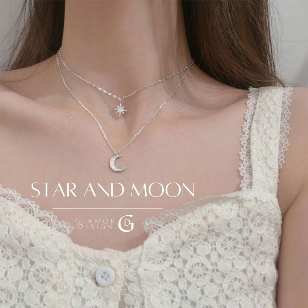 GLAMOR✨สร้อยคอเงินแท้ Star And Moon จี้เพชร สร้อยคอแฟชั่น สร้อยคอสวยๆ ของขวัญให้แฟน สไตล์ใหม่