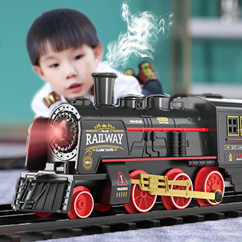 ชุดของเล่นรถไฟวิ่งสเปรย์ + รถไฟไฟ + ดนตรีสวมชุดถ่านรถไฟโบราณของเล่นหัวรถจักร