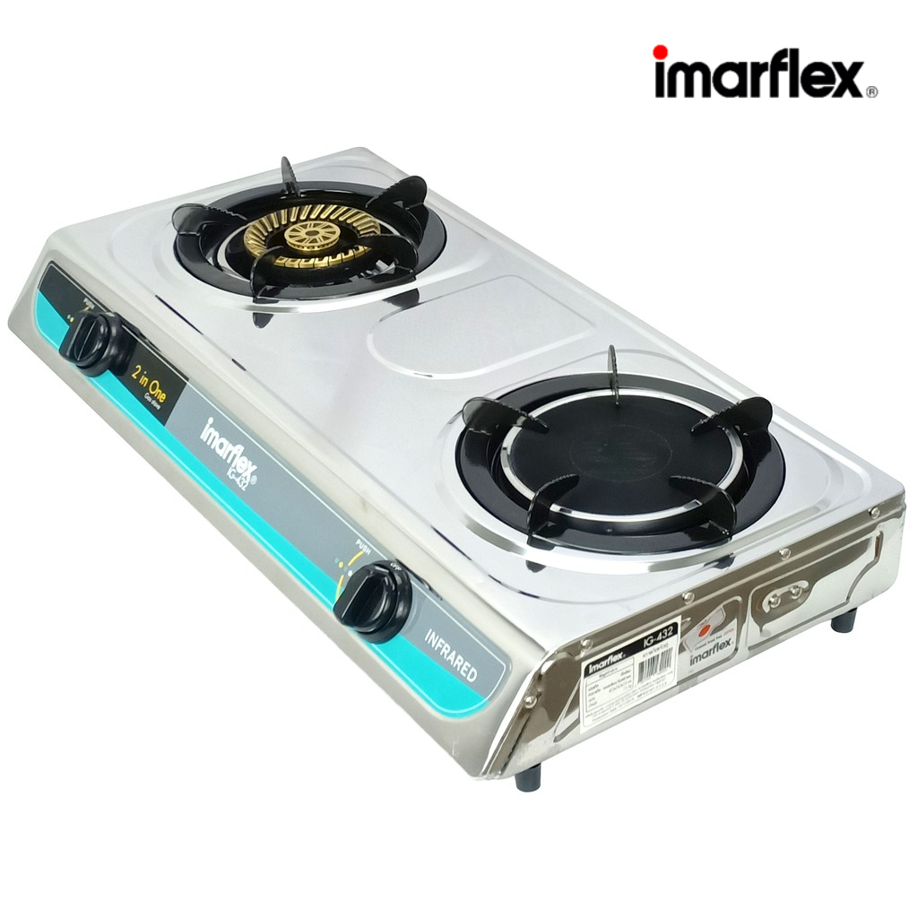 IMARFLEX เตาแก๊สสแตนเลสหัวคู่ หัวทองเหลืองรมดำ และหัวอินฟาเรด รุ่น IG-432