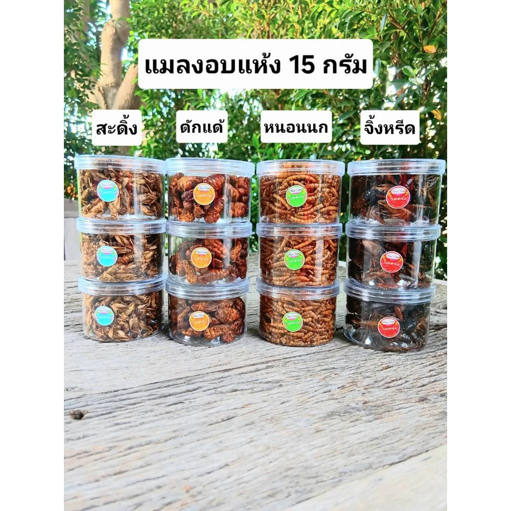 แมลงอบแห้งขนาด 15 กรัม สะดิ้ง จิ้งหรีด ดักแด้ หนอนนก