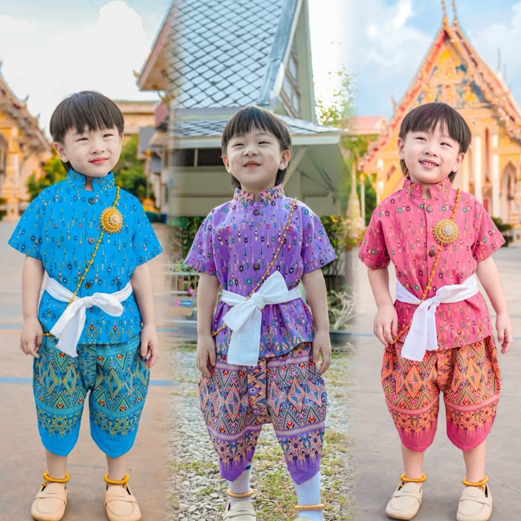ชุดไทยเด็กผู้ชาย-ชุดไทยประยุกต์ เสื้อชายระบาย โจงกระเบน/พร้อมส่งจากไทย / (ลายสายฝน)-ชาย