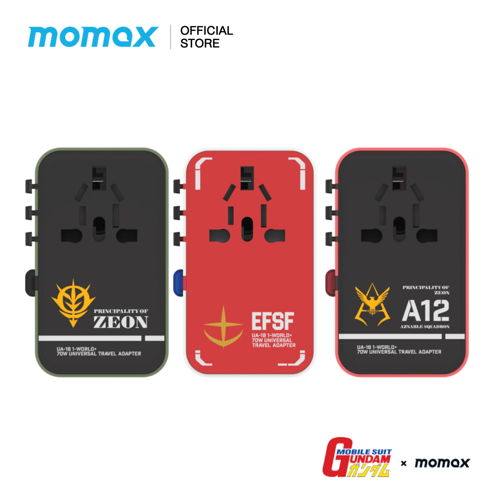 MOMAX x GUNDAM หัวชาร์จและหัวแปลงปลั๊กไฟ 1-World+ 70W GaN 3-Port สาย USB-C ในตัว + AC Travel Adaptor รองรับการชาร์จ 70W