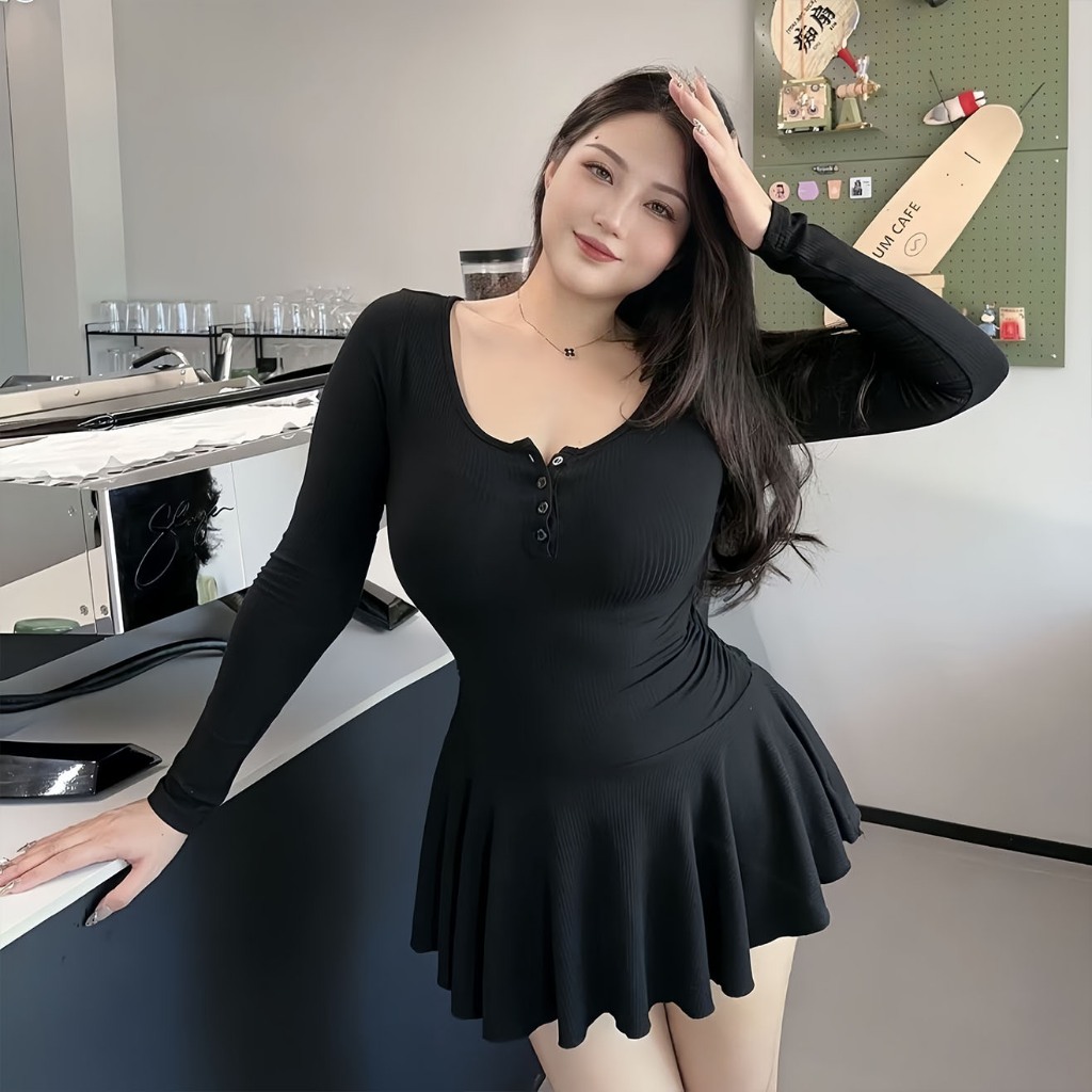 สีดำเดรสแขนยาวกระดุมคอเหลี่ยม 200 catties อ้วน mm กระโปรง A-line ทรงสลิมฟิตขนาดใหญ่เสื้อสาวอวบ