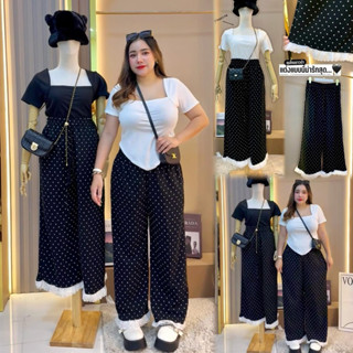 กางเกงลายจุดขอบลูกไม้/ขอบย่นดำ สาวอวบ