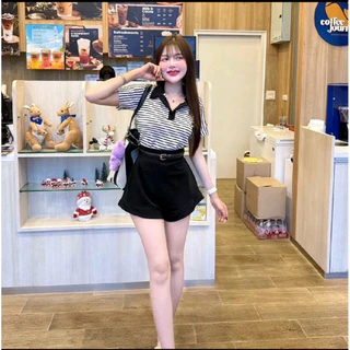 @PREM🌸เสื้อเชิ้ตแขนสั้นลายริ้ว+กางเกงบาร์บี้แถมเข็มขัด ชุดเซ็ท3ชิ้นราคาถูก🔥