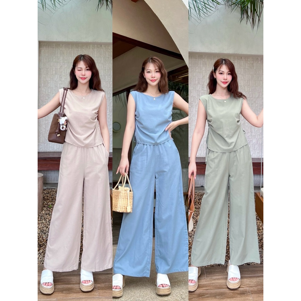 Vanila38 เซ็ต2ชิ้น ผ้าลินิน เสื้อคอกลมดีเทลรูดข้างกางเกงมีกระเป๋าล้วงสองข้าง ชุดเดียวจบเลยค่า