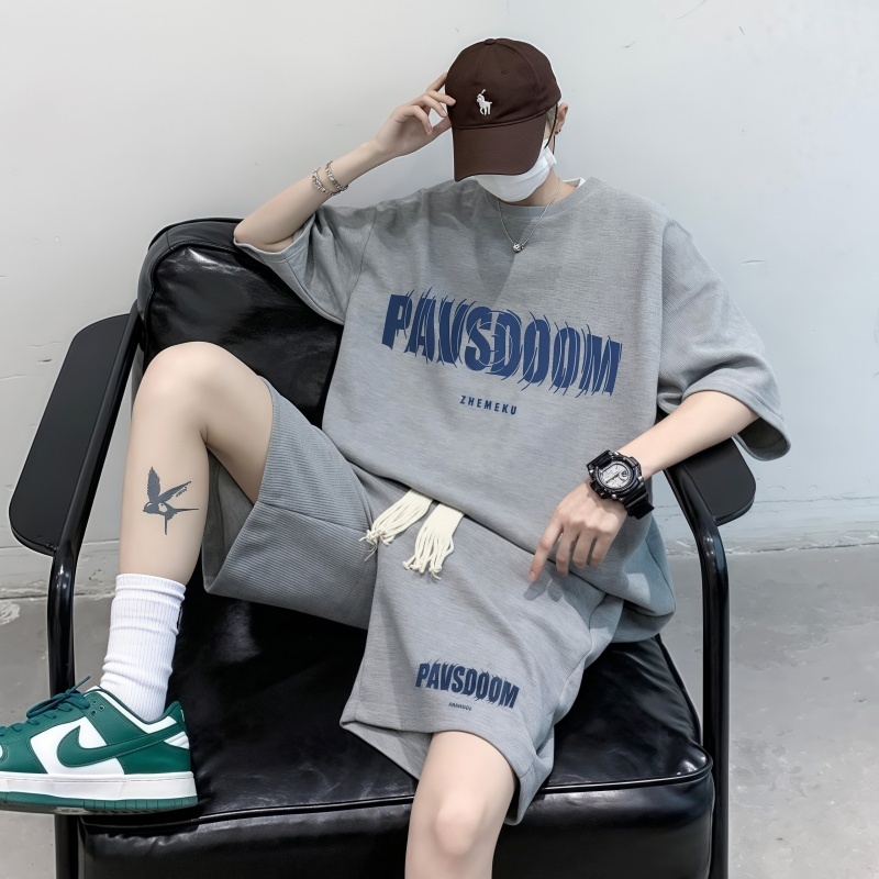 Beaman-Xชุดเซทผู้ชายเยาวชน แขนสั้นฮิปฮอป-เกาหลี เสื้อ+กางเกงขาสั้นผ้าวาฟเฟิลเชือก ฤดูร้อนสบายไม่ร้อน หลายสี M-3XL