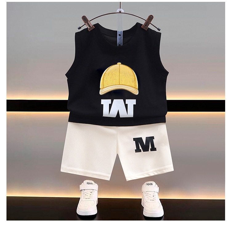 ชุดเสื้อกั๊กเด็ก เสื้อแขนกุด+กางเกงขาสั้น ลายหมวกและตัวอักษร ดีไซน์คอกลม เหมาะสำหรับเด็กอายุ 0-10 ปี - รูปที่ 3