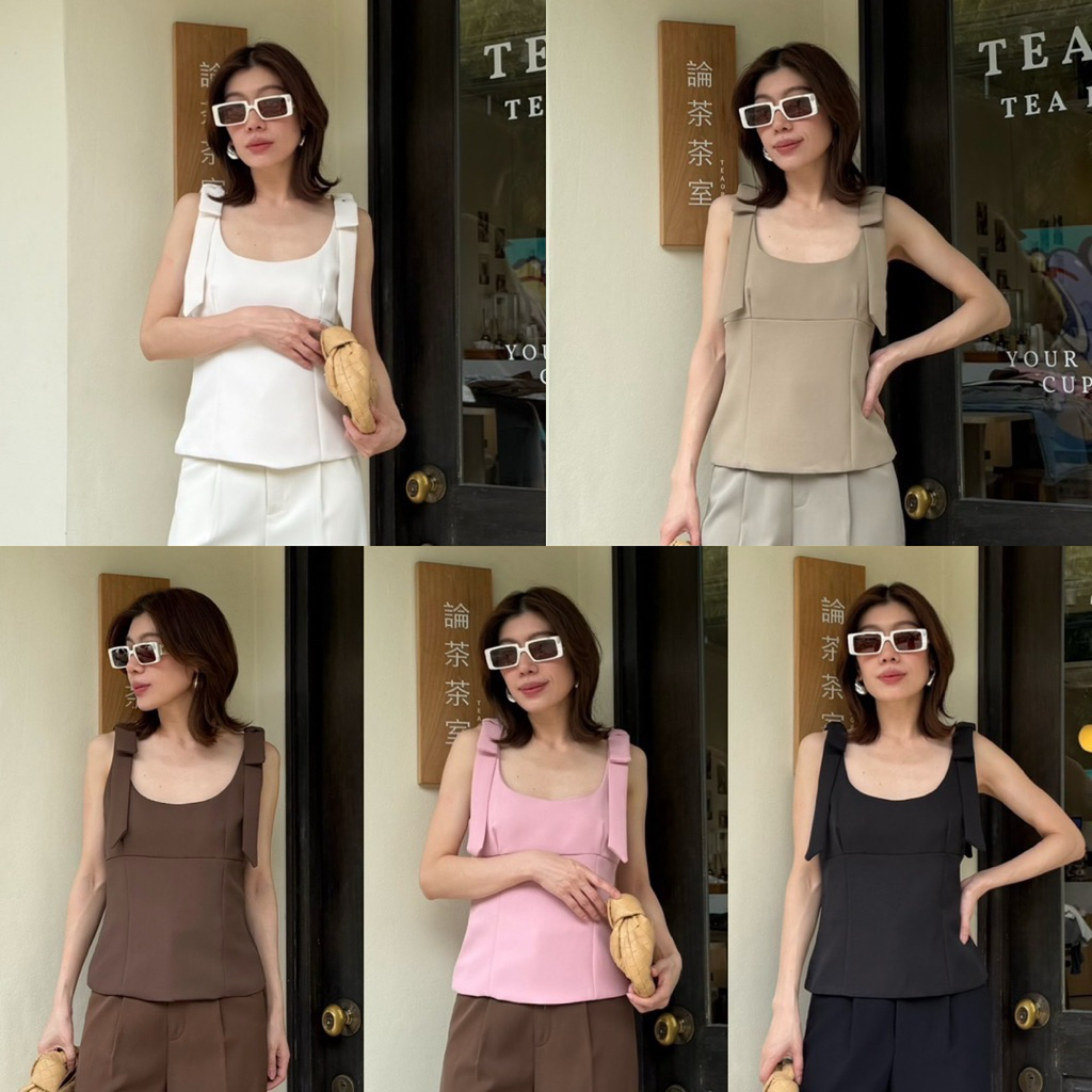LADY BOW STRAP TOP #1042 x2 เสื้อคอยูแขนกุด เสื้อแขนกุด ทรงสวย ออกงาน เรียบหรู