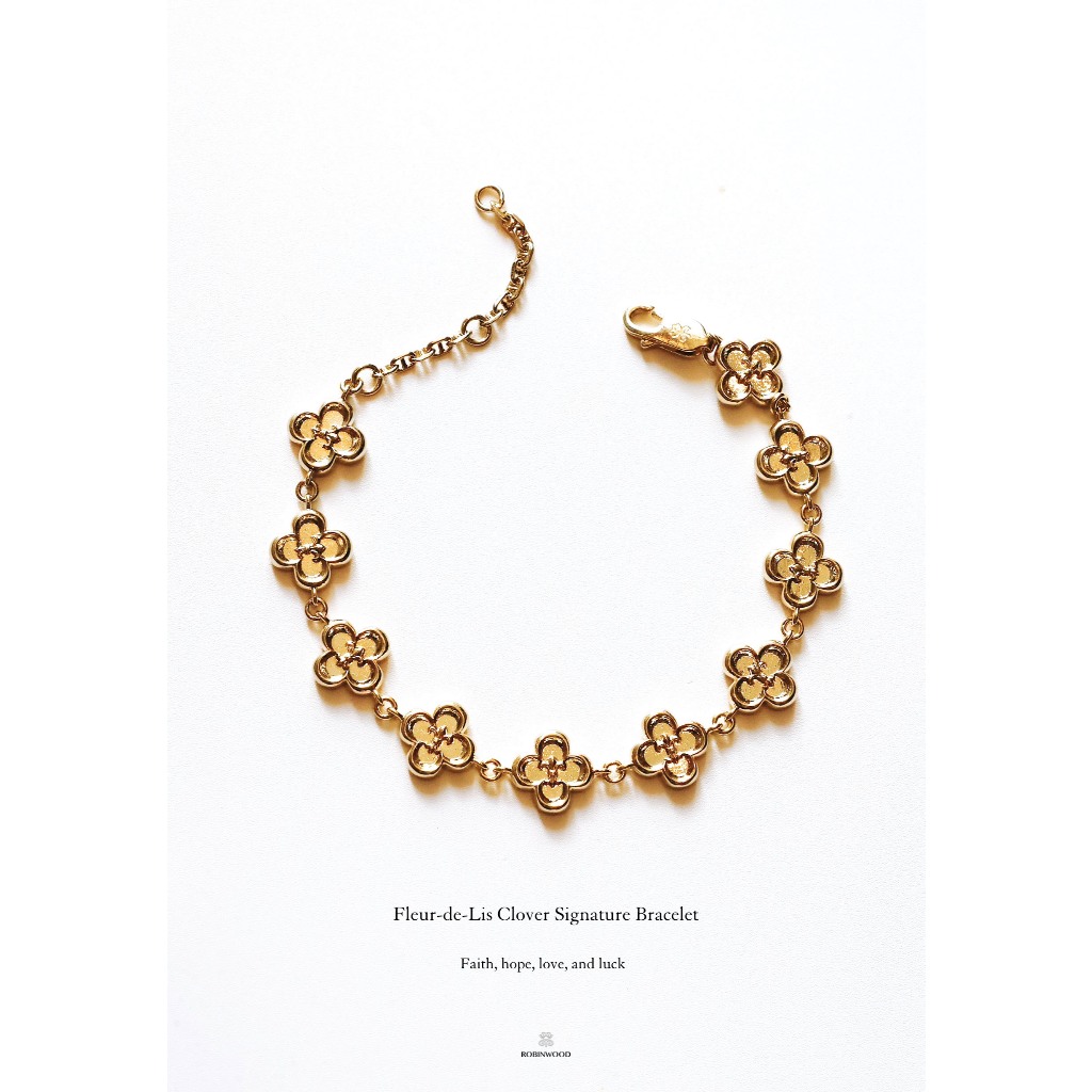 สร้อยข้อมือเงินเเท้สีทอง Fleur-De-Lis Clover Gold Signature Bracelet
