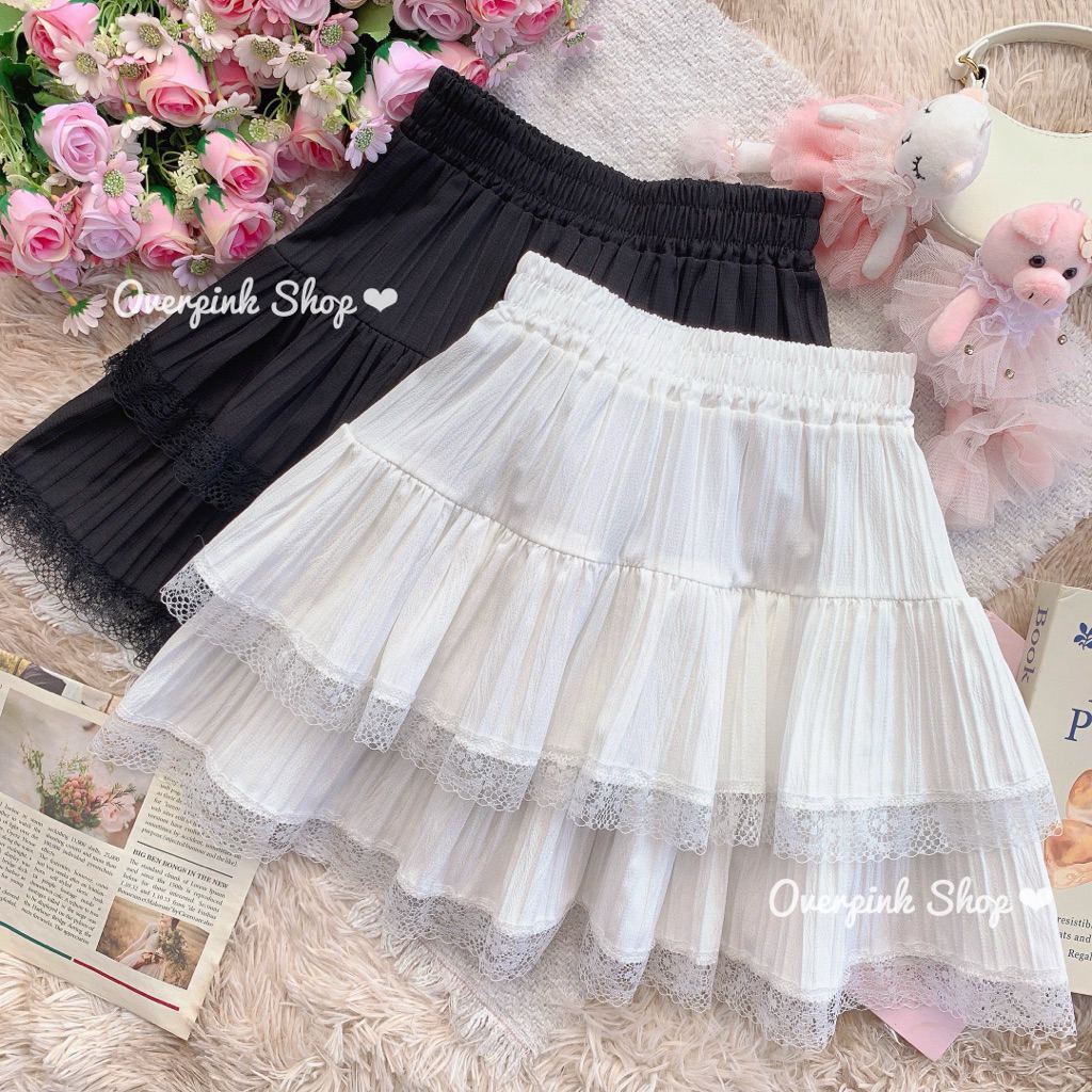 🌸OVP🌸 กระโปรงสั้น เวียดนามเวียดใจ ไม่มีซับใน รุ่นโบว์และลูกไม้ สีขาวล้วน กระโปรงบาน