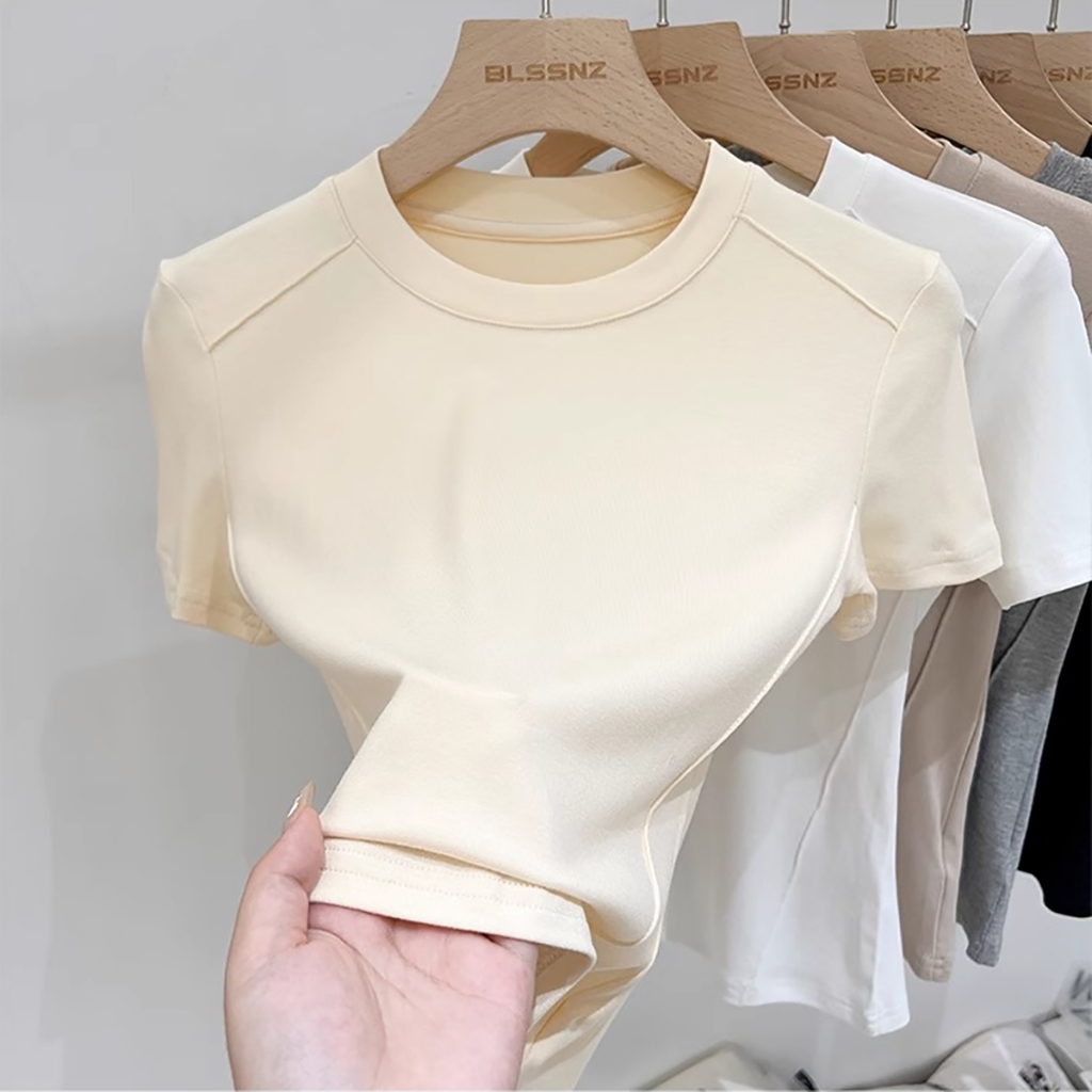 Y6Y - เสื้อยืดคอกลมแขนสั้นสีพื้นสำหรับผู้หญิง เสื้อตัวสั้นสีแอปริคอตฤดูร้อนตัวใหม่สไตล์เกาหลี