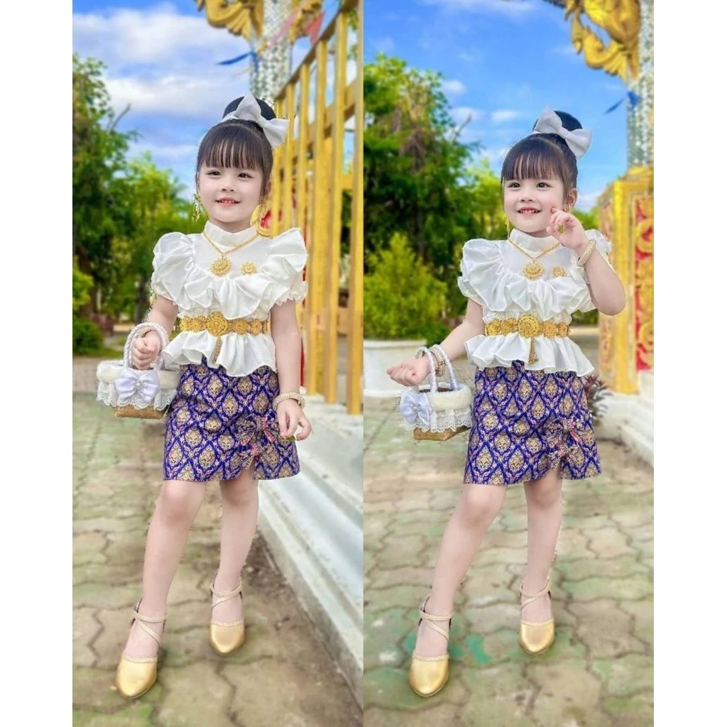 ชุดไทยลูกสาวเสื้อคอตั้ง+กระโปรงสั้น(ไม่รวมประดับ)