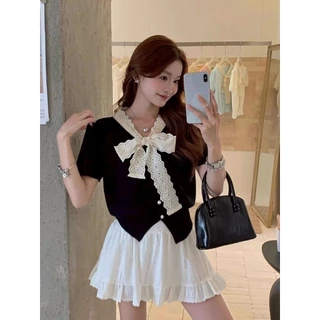 Vogue🌟พร้อมส่ง🌟 เสื้อไหมพรม แขนสั้น คอปกแต่งโบว์ สีพาสเทล (W-M099)