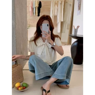 Vogue🌟พร้อมส่ง🌟 เสื้อไหมพรม แขนสั้น คอปกแต่งโบว์ สีพาสเทล (W-M099)