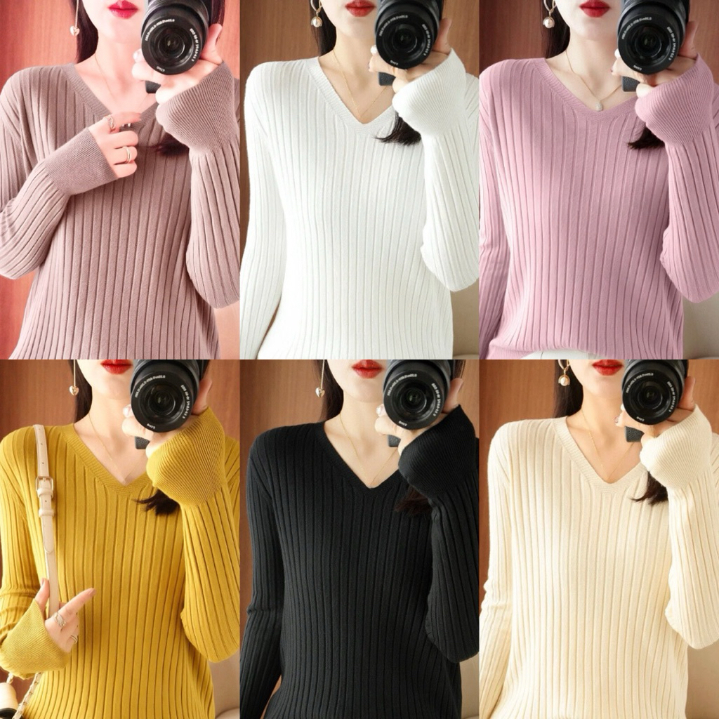เสื้อไหมพรมแขนยาวคอวี ทรงเข้ารูปสีพื้น
