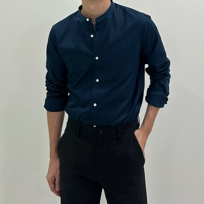 era-won เสื้อเชิ้ต ทรงปกติ คอจีน Premium Quality Dress Shirt แขนยาว คอจีน สี Navy (รุ่นใหม่)
