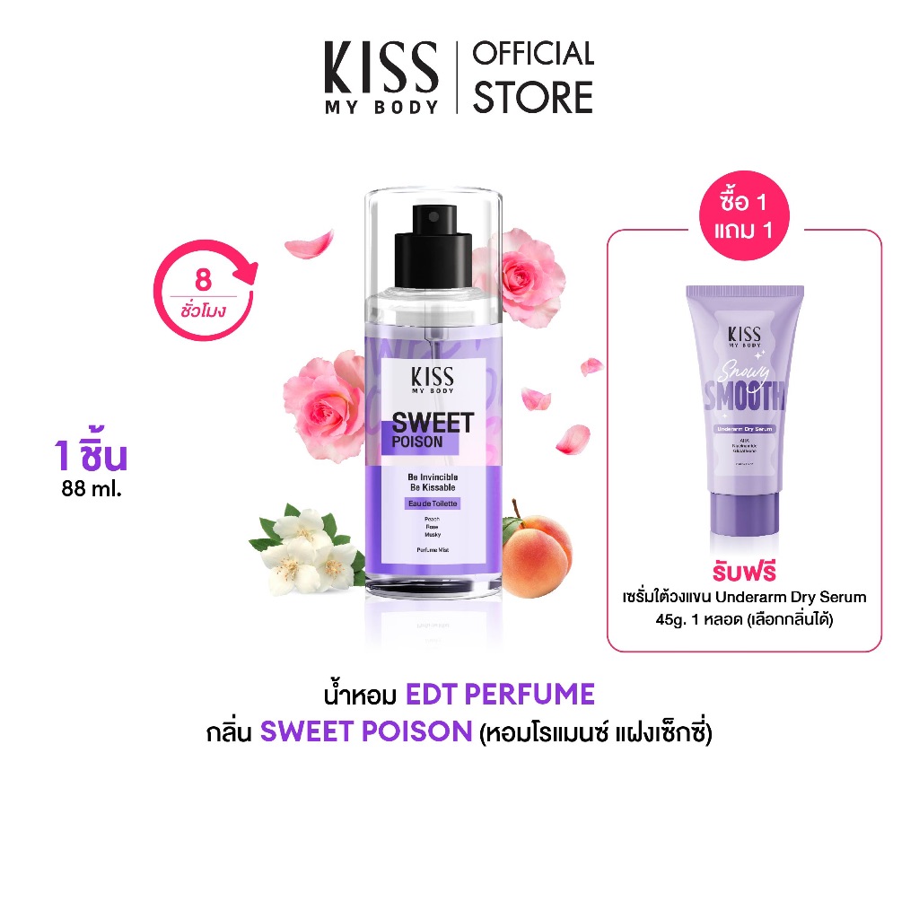 [ซื้อ 1 แถม 1] Kiss My Body น้ำหอม EDT กลิ่น Sweet Poison 88 ml. แถมฟรี Snowy Smooth Underarm Dry Serum เซรั่มใต้วงแขน