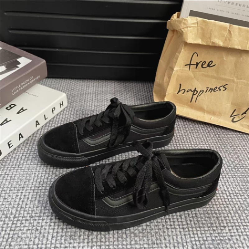 รองเท้าผ้าใบสีดำ ใส่ได้ทั้งผู้หญิงและผู้ชาย รองเท้าผ้าใบ Low-Top สวมใส่สบาย ขนาด 36-45