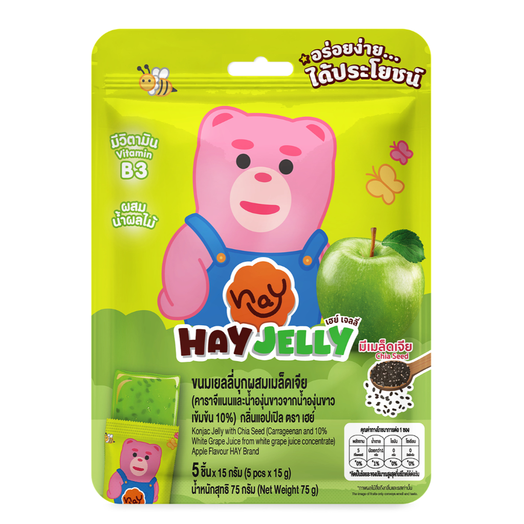 ขนมเยลลี่บุกผสมเมล็ดเจีย (คาราจีแนนและน้ำองุ่นขาวจากน้ำองุ่นขาวเข้มข้น 10%) กลิ่นแอปเปิ้ล ตรา เฮย์