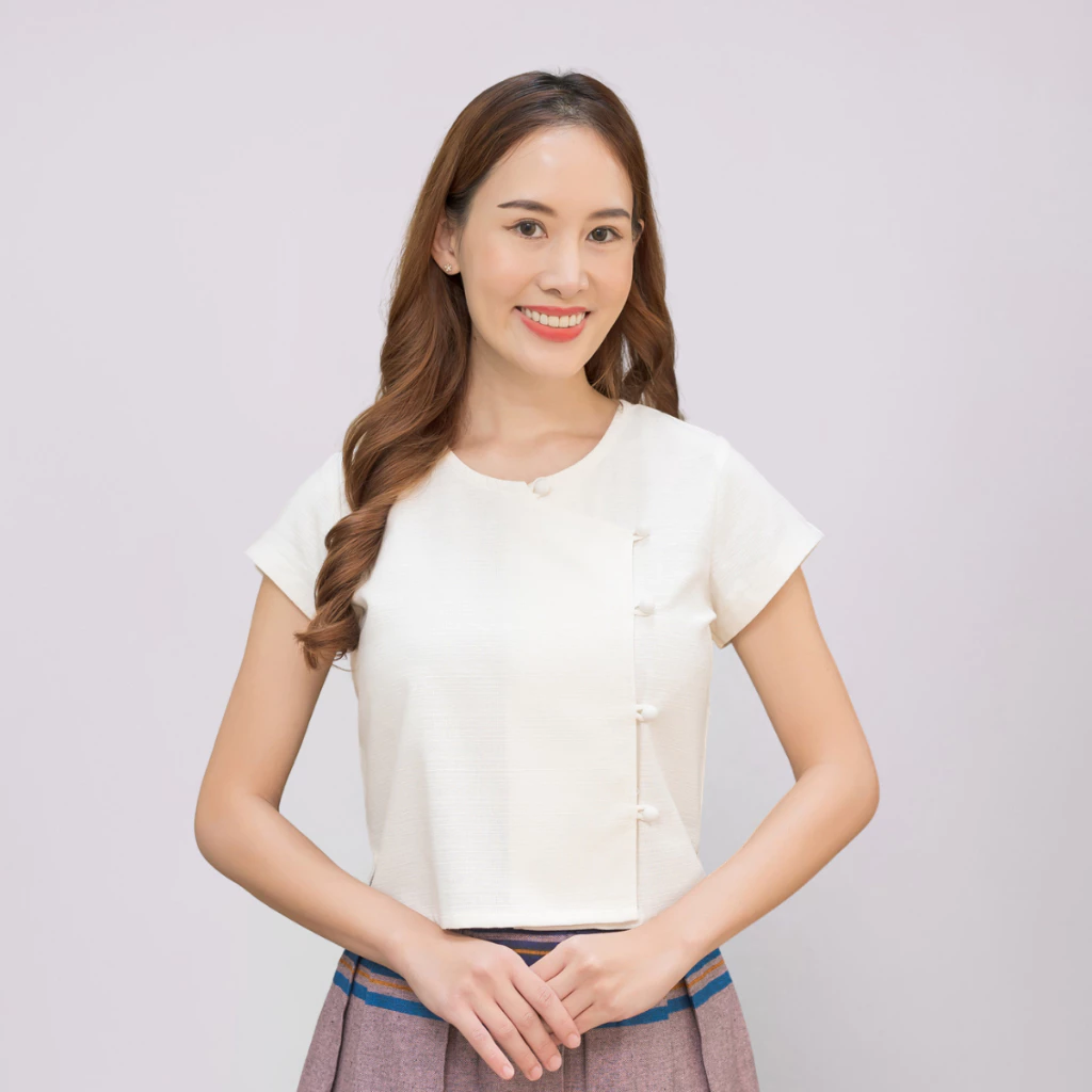 เสื้อพื้นเมือง เสื้อผ้าฝ้าย ผ้าไทย คอกลมป้าย แขนสั้น รุ่นพวงชมพู
