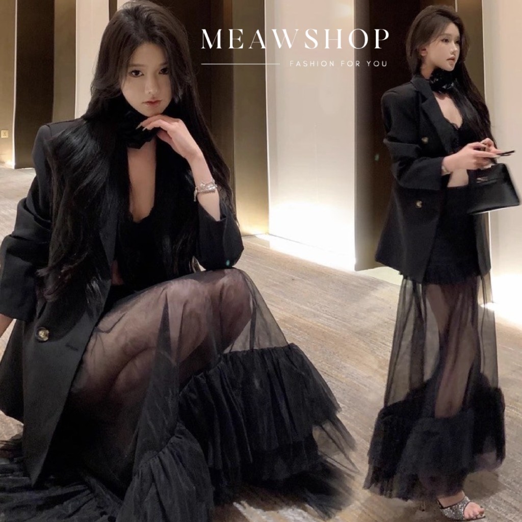 Set 3 ชิ้น คุ้มมากก (เสื้อสูท /กระโปรงฟู/ดอกไม้คอ) Blazer ชุดออกงาน ชุดทำงานผู้หญิง ชุดไปงาน ชุดดำ ช